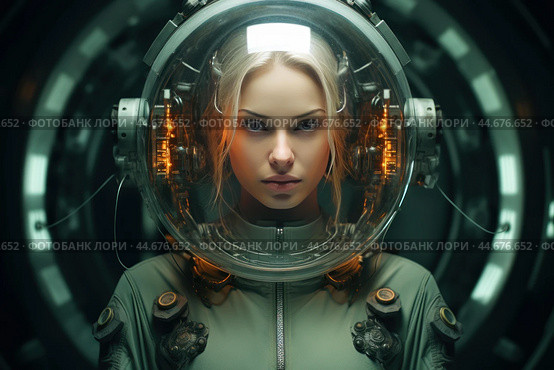 Young woman in a space helmet with a sci-fi backdrop. Стоковое AI-изображение, AI-художник Иван Рябоконь / Фотобанк Лори