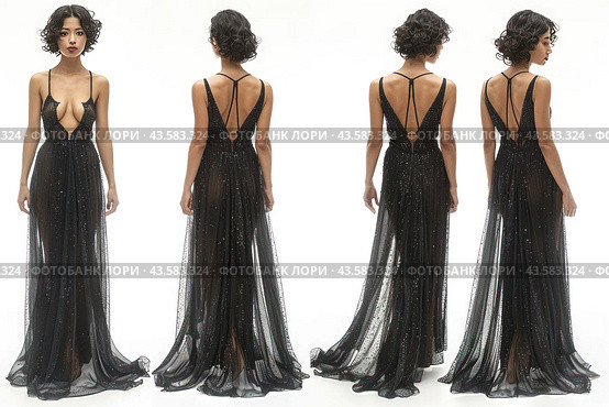 Young woman in an elegant black evening dress. The dress is made of sheer fabric, embellished with sequins, which gives it a sophisticated and stylish look. The photo shows both the front and back views of the dress, allowing you to see it from all angles. The dress has a deep cut at the front and open shoulders. The back of the dress also has a plunging neckline with intersecting straps. The woman poses against a light background, which allows you to better see the details of the outfit. Стоковое AI-изображение, AI-художник Анна Кривицкая / Фотобанк Лори