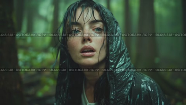 Young Woman in Forest During Rain Wearing a Hooded Jacket With Intense Expression on Her Face. Стоковое AI-видео, аниматор Юлия Гапеенко / Фотобанк Лори