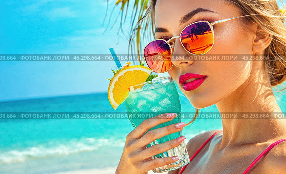 Young woman in sunglasses enjoys cocktail by beach, smiling under sky. azure ocean waves in backdrop. relaxation and vacation, tropical paradise setting, leisure travel escape. Стоковое AI-изображение, AI-художник Павел Муравьев / Фотобанк Лори