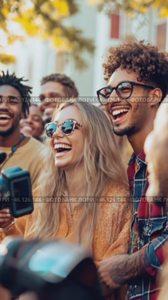 Young woman laughing with friends at outdoor event. Стоковое AI-видео, аниматор Юрий Поздников / Фотобанк Лори