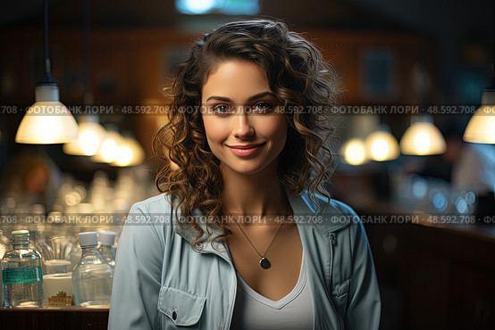 Young woman with an air of allure and mystery stands confidently before a vibrant bar, capturing the essence of anticipation and possibility. Стоковое AI-изображение, AI-художник Данила Большаков / Фотобанк Лори