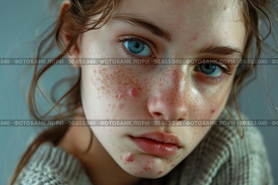 Young woman with freckles and acne showing her real skin. Стоковое AI-изображение, AI-художник Иван Рябоконь / Фотобанк Лори
