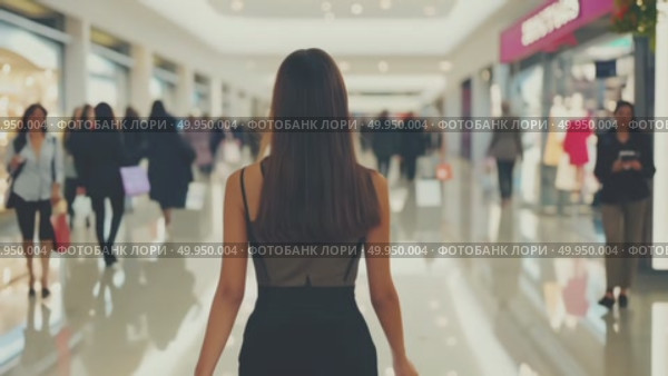 Young woman with long dark hair, viewed from behind, walks through a bustling brightly lit shopping mall. Ideal for themes of consumerism, urban lifestyle or shopping. Стоковое AI-видео, аниматор Елена Никишина / Фотобанк Лори