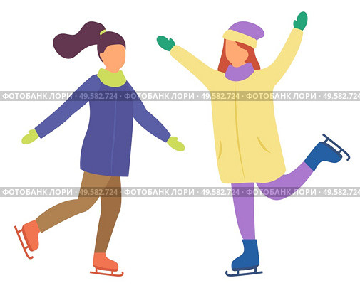 Young women skating on ice rink together. Two girls spend time actively on winter holidays. Ladies have active hobby. People posing isolated on white background. Vector illustration in flat style. Two Girls Skating Together, Active Winter Holidays. Стоковая иллюстрация, агентство Ingram Publishing / Фотобанк Лори
