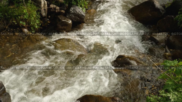 Замедленная съемка воды в горном ручье, стекающей по каменистому руслу с белой пеной. Вид сверху. Фон текущей воды. Стремительный поток мчится по скалам. Горная талая вода. Стоковое видео, видеограф Воловодов Владимир / Фотобанк Лори