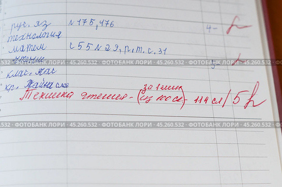 Запись красной ручкой учителя о технике чтения слов в минуту и выставленные оценки в школьном дневнике ученика. Стоковое фото, фотограф Евгения Золкина / Фотобанк Лори
