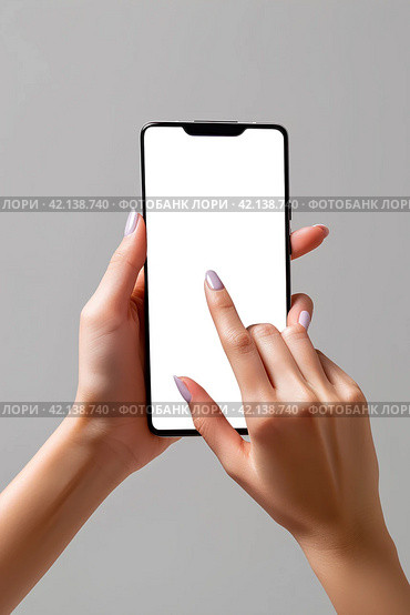 Женщина держит смартфон, крупным планом руки. Смартфон с белым пустым экраном. Generative AI. Стоковое AI-изображение, AI-художник Щеголева Ольга / Фотобанк Лори