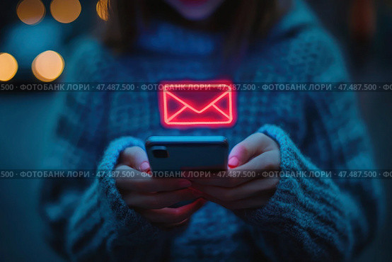 Женщина держит в руках мобильный телефон с красным конвертом на экране. Концепция срочности или волнения. Стоковое AI-изображение, AI-художник Ярославский Максим / Фотобанк Лори