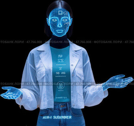 Женщина голограмма в белом лабораторном халате. Стоковое AI-изображение, AI-художник Ярославский Максим / Фотобанк Лори