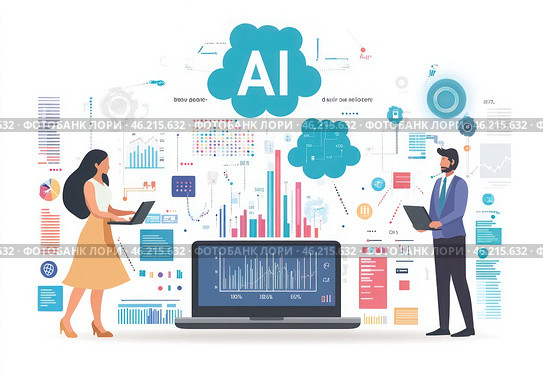 Женщина и мужчина работают за портативным компьютером. Стоковое AI-изображение, AI-художник Ярославский Максим / Фотобанк Лори