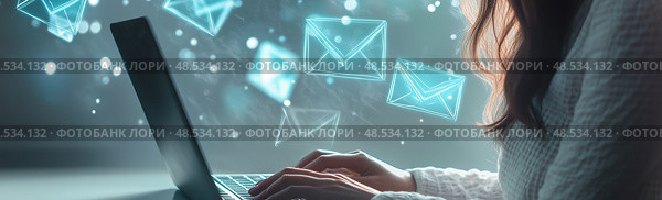 Женщина отправляет электронные письма. Стоковое AI-изображение, AI-художник Александр Жуков / Фотобанк Лори