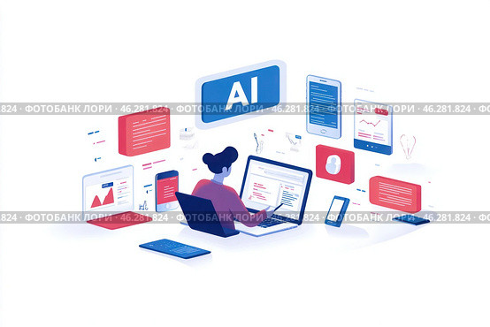 Женщина сидит за столом с ноутбуком и сотовым телефоном. Стоковое AI-изображение, AI-художник Ярославский Максим / Фотобанк Лори