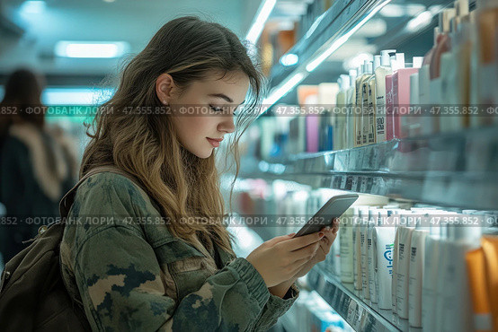 Женщина смотрит в свой телефон, делая покупки в магазине. Стоковое AI-изображение, AI-художник Ярославский Максим / Фотобанк Лори