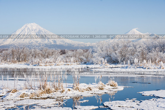 Зимний пейзаж с вулканами  Авачинский и Корякский. Камчатка. Стоковое фото, фотограф Ирина Игумнова / Фотобанк Лори