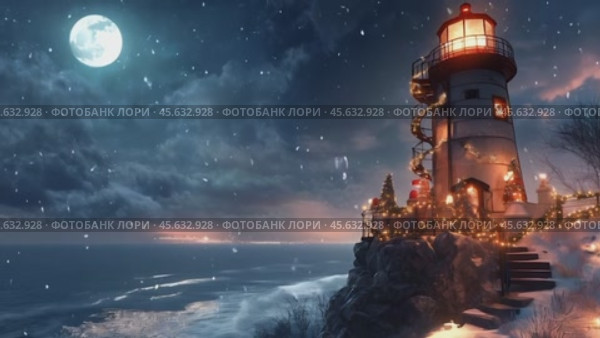 Зимняя ночь с видом на украшенный маяк, окруженный огнями, гирляндами и фейерверками. Дом сияет мягким светом, добавляя уюта зимнему празднику. Рождественский маяк. Стоковое AI-видео, аниматор Анна Чижова / Фотобанк Лори