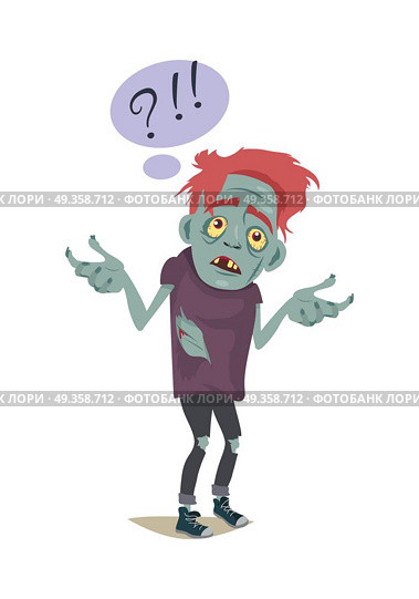 Zombie Character. Fictional Being Hesitating.. Zombie character isolated on white. Fictional being hesitating. Speech bubble with question and exclamation sign. Horror fantasy concept. Halloween science fiction man in flat style. Vector. Стоковая иллюстрация, агентство Ingram Publishing / Фотобанк Лори