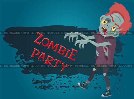 Zombie party lettering, decorated greeting. Handwritten modern inscription. For autumn holiday design, invitation, banner, poster. Creative style of postcard with halloween symbol revived zombie. Zombie party lettering, decorated greeting. Design of card with halloween symbol revived dead man. Стоковая иллюстрация, агентство Ingram Publishing / Фотобанк Лори